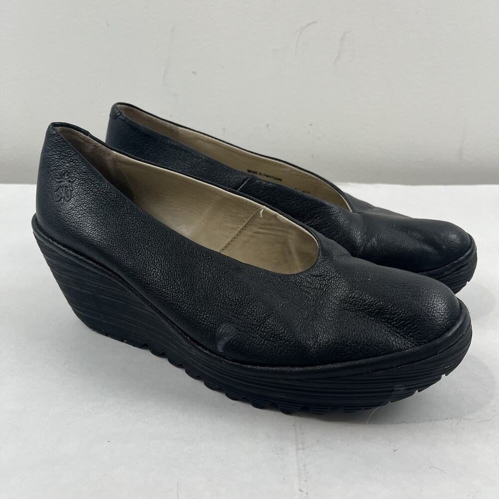 FLY London Yaz Black Leather Wedge Pumps Slip On EU 41 US 10 Made Portugal